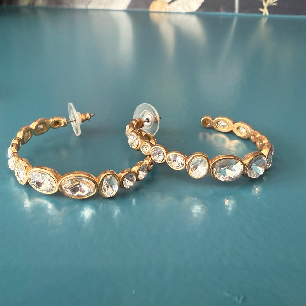 J Crew Gold and Crystal Hoop Earrings